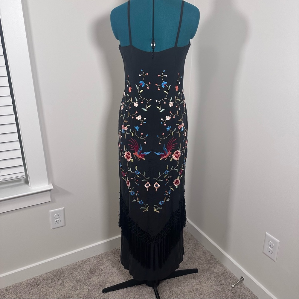 Sue Wong Vintage Black Silk Maxi Dress with Floral Embroidery & Fringe - Picture 9 of 16